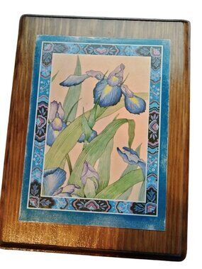 Decorative Wooden Plaque Blue Iris Floral Artwork Art Deco Blue Border Design